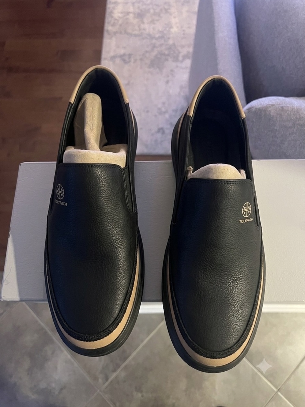 Men’s White Slip-On Loafers with Tan Trim